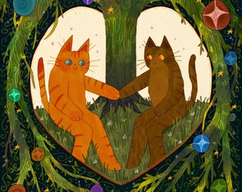 以下が含まれることがあります： 木の下で手をつないでいる2匹の猫の気まぐれなイラスト。1匹の猫は青い目のオレンジ色、もう1匹はオレンジ色の目の茶色です。シーンはハート型のフレームで囲まれ、カラフルなオーブと星に囲まれています。