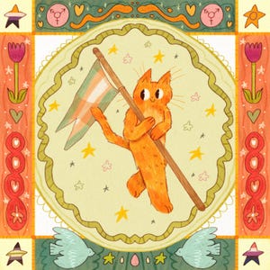 Peut inclure: Illustration fantaisiste d'un chat orange tenant un drapeau à rayures orange, blanches et vertes. Le chat est centré dans un cercle vert clair, entouré d'étoiles, de fleurs et de symboles. La bordure est ornée d'étoiles, de cœurs et d'éléments floraux.