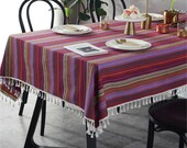 Europe Vintage Purple Red Stripes Rainbow Linen Table Cloth Fabric Tassels,Green Tablecloth Mediterranean Style Napkin Cotton Countryside