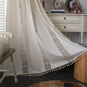 Bohemia Beige/Cream Crochet Pattern Patchwork Country Nature White Cotton Linen Cotton Semi Blind Curtain Ivory Tassels, Living Room