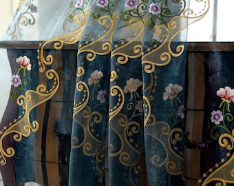 Floral Embroidered Sheer Curtain, Vintage Golden Trim, Polyester Fabric