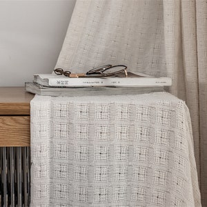 Soft Custom Nature Beige Ivory Linen Cotton Checkes Corchet Jacquard Sheer Curtain ,Natural Linen Curtains,Living Room ,Country