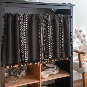 2 Panels Linen Cafe Curtains|White Geometric Designing Printing on Black Linen Cotton Curtain Black Tassels |Kitchen Curtains,Door Decor