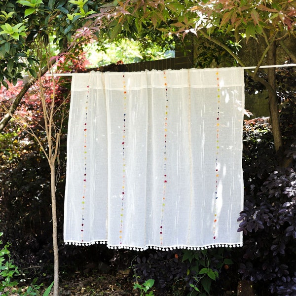 2 Panels Leinen Cafe Vorhänge | Bunte Regenbogen Knoten Vertikale Streifen Sheer Leinen Baumwolle Vorhang Weiß PomPom Trim |