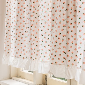 2 Panels Linen Cafe Curtains|Lovely Pink Strawberry Soft White Spotted Embroidered White Cotton Curtain Ripped Edge Trim |Kitchen Curtains,