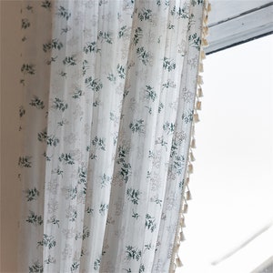 Floral Cotton Curtain: Green, White, Lilac Print with Tassels