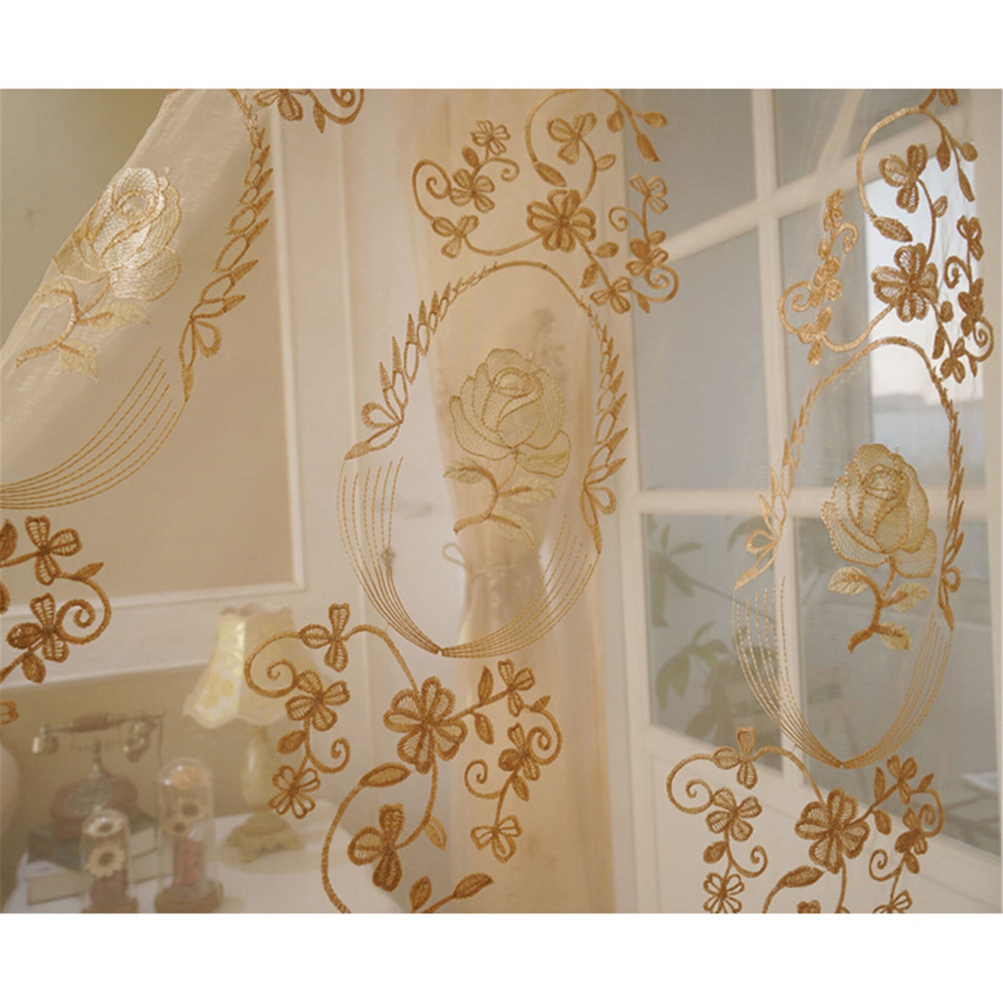 Golden Rose Florals Embroidered on Gold Lace Sheer Curtain Fabric,Sheer Fabric by the yard,White Sheer Top Love Flower Wedding Europe Art