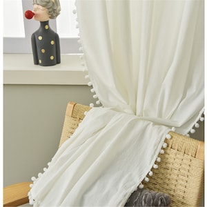 Solid White Grey Linen Cotton Semi Blind Curtain Fabric White Pompom Ball Trim,Shade Curtains,Blackout Curtains Grey Linen Curtain ,Custom