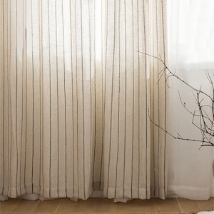 Pure Linen Texture Slim White/Deep Blue Cotton Yarn Interweave Jacquard Vertical Stripes Sheer Curtain,Linen Curtains,Living Room