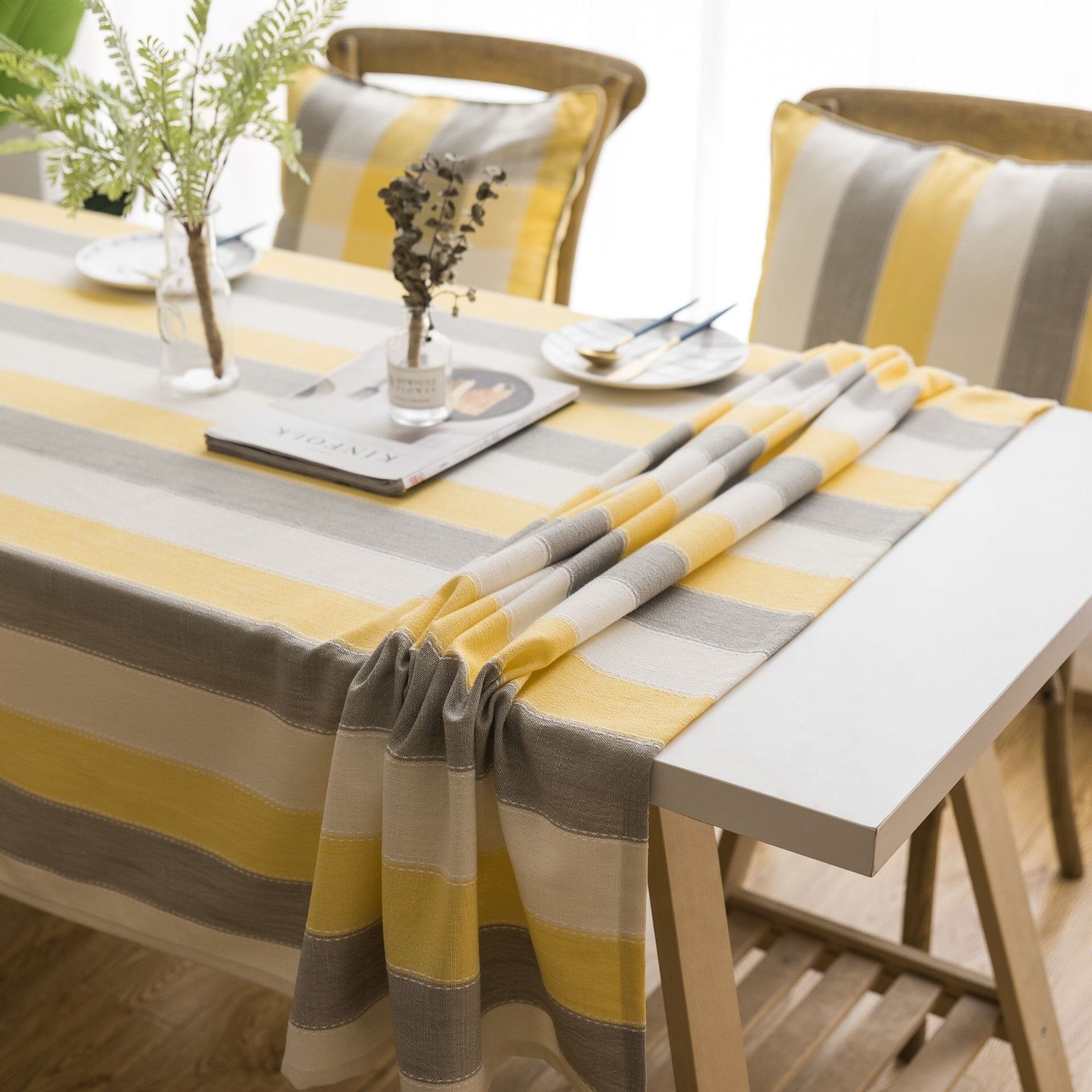 Yellow and Grey Stripes Cotton Tablecloth Fabric Waterproof Etsy