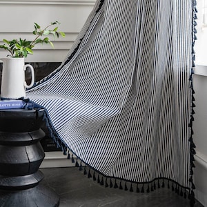 Navy Blue Vertical Stripes Printing Linen Cotton Semi Blind Curtain Fabric with Navy Blue Tassels Trim,Shade Cotton Curtains ,Custom