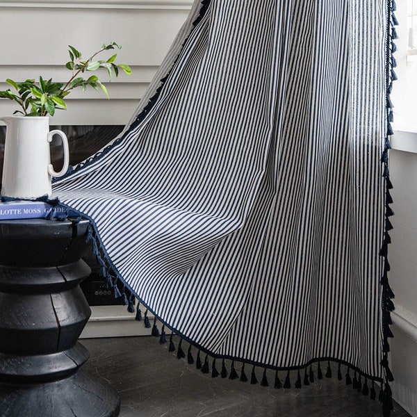 Navy Blue Vertical Stripes Printing Linen Cotton Semi Blind Curtain Fabric with Navy Blue Tassels Trim,Shade Cotton Curtains ,Custom