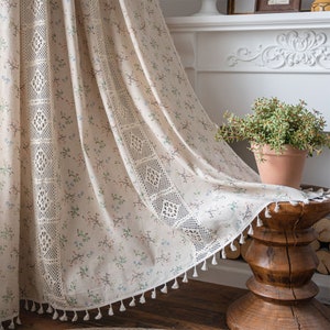 Bohemia natural crochê padrão retalhos país pequena flor videiras algodão linho semi cego cortina marfim borlas, sala de estar