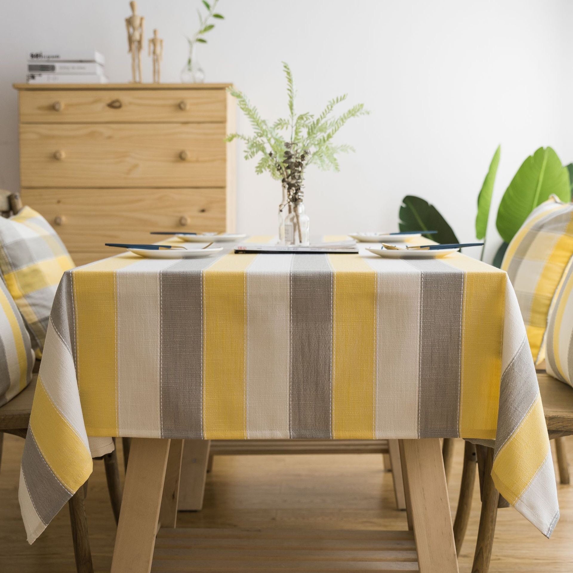 Yellow and Grey Stripes Cotton Tablecloth Fabric Waterproof Etsy