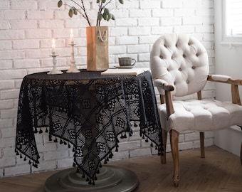 Vintage Black Beige Cotton Crochet Tablecloth Pattern Tassels Fabric Garden Decor,Rectangle Tablecloth,Square,Country,Vintage Round Knitted