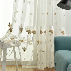Custom Cotton Long Brown Blue Florals Leaves Embroidered on white lace Sheer Pair Curtains,Kitchen curtain sets and Valance Custom Boy room