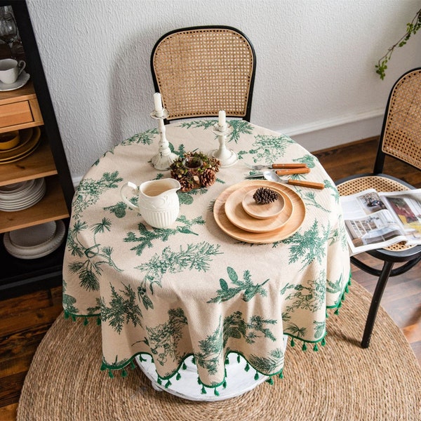 Round Linen Tablecloth: Bohemia Green Pine Twigs Print, Tassel Edge (150cm)
