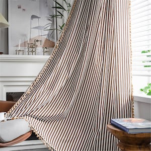 Brown Coffee Vertical Stripes Printing Linen Cotton Semi Blind Curtain Fabric with Khaki Tassels Trim,Shade Cotton Curtains Rod Pocket