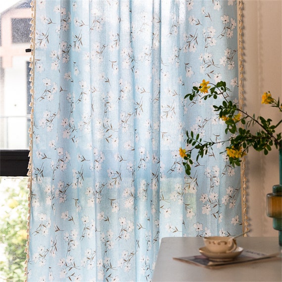 Rideaux Vintage En Lin Et Coton Bleu à Fleurs - Avec Bordure à Pompons, Sur Mesure, Filtre Lumière - Déco Intérieur