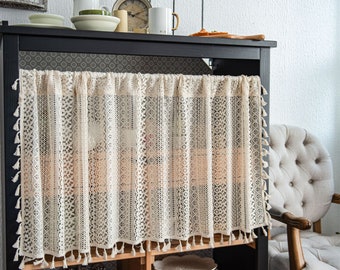 Linen Cafe Curtains (Pair): Beige Hollow Flower Lace with Tassels