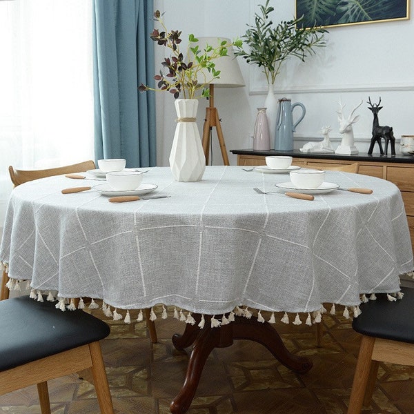 Round Bohemia Big Grey Grid Linen Table Cloth Cream Tassels,Khaki Tablecloth Cross Stitch 108'' 102'',96'',90'',84'',79'',71'',Full Size