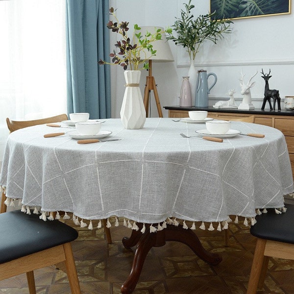 Nappe de table en lin ronde bohème grande grille grise glands crème, nappe kaki point de croix 108 '' 102 '', 96 '', 90 '', 84 '', 79 '', 71 '', taille réelle