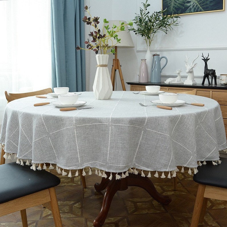 Round Bohemia Big Grey Grid Linen Table Cloth Cream | Etsy