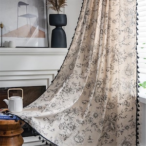 Vintage Large Black Roses Peonies Flowers Bloom Nature Linen Cotton Semi Blind Curtain Fabric Black Tassels Trim,Shade Curtains,Blackout