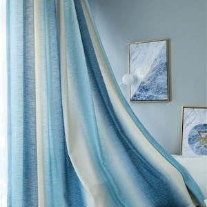 Custom Mediterranean Blue Ivory Gradient Vertical Stripes Linen Woven 85% Blinding Blackout Panels,Curtains and Drapes,,Purple Blue Gradient