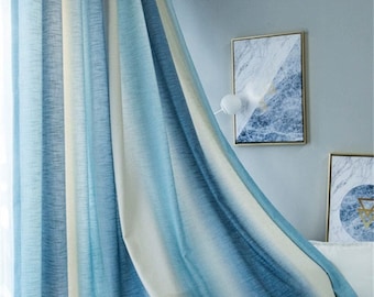 Custom Mediterranean Blue Ivory Gradient Vertical Stripes Linen Woven 85% Blinding Blackout Panels,Curtains and Drapes,,Purple Blue Gradient