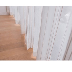Linen Cotton Beige Stripes Embroidered on White Sheer Curtain,White curtains,Bedroom Curtain,Child Room Curtains,Living Room Cafe Curtains