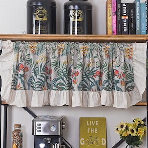 2 paneles cortinas de café de lino/cortina de algodón de plantas tropicales de bosque vintage de campo con gran borde de Falbala de lino beige/cortinas de cocina