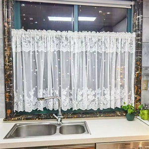 2 Panels Cafe Curtains| White Embroidred  Flowers Lines Designing Sheer Lace Curtain|Kitchen Curtains,Lace Cafe Curtains,French Style
