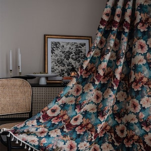 Bohemian Large Snow White Kapok Painting Jacquard Blue Nature Linen Cotton Blackout Curtain Ivory Tassel Trim,Living Room Curtains,Custom