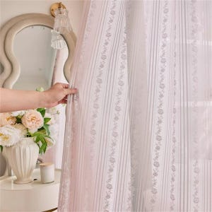 Sheer Lace Curtain Fabric: Pink Rose Stripes, Romantic Bedroom Decor, Cotton Thread