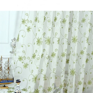 Custom Curtains Dancing Green Floral Leaves Vines Branches Embroidered on Lace Sheer Curtain Fabric,Country Curtain Panel,Living Room Decal