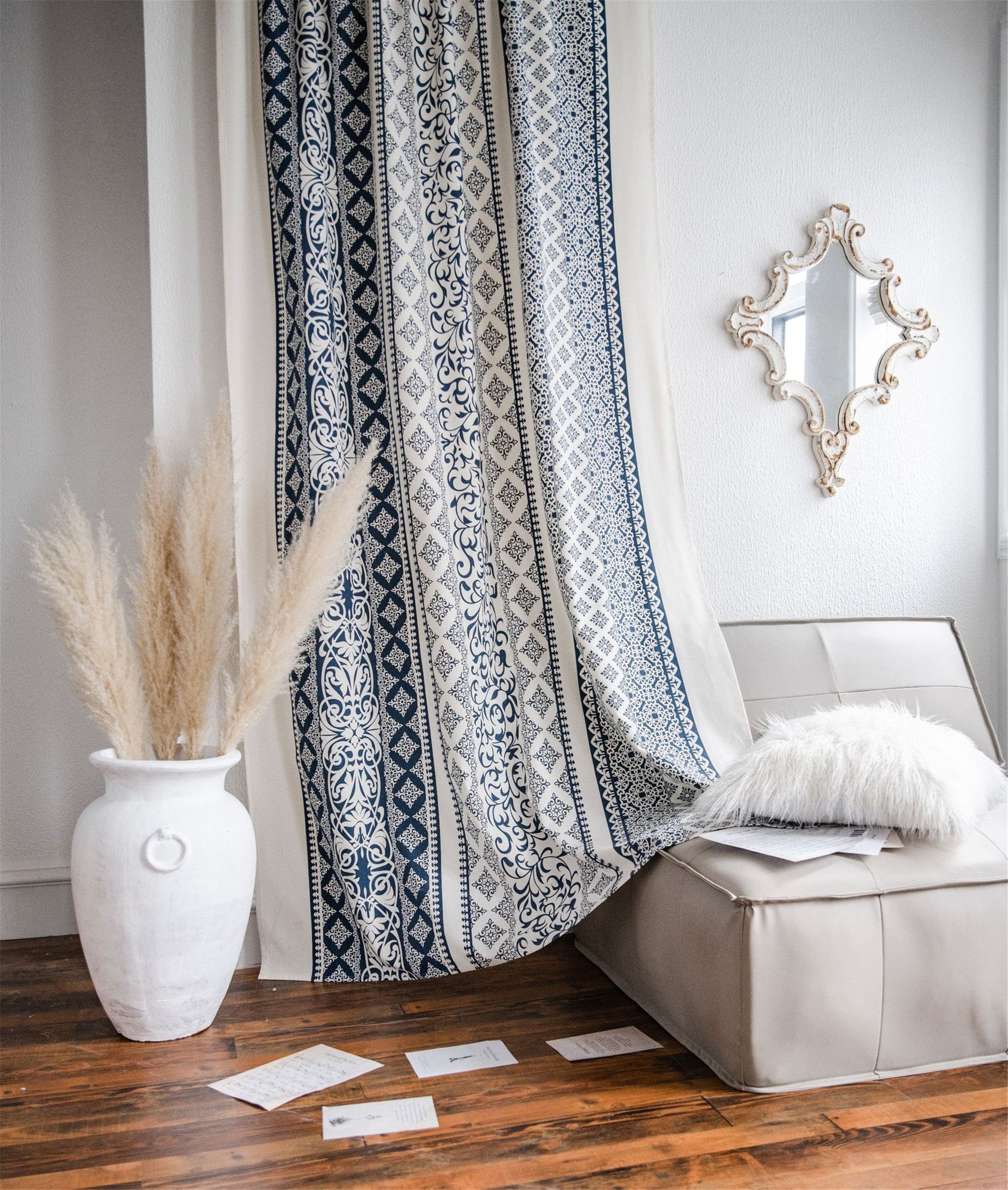 Bohemian Curtain Blue Diamond Vintage Branches Print Linen Etsy