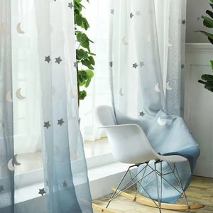 Custom Sheer Curtains,Blue Grey Gradient Star Moon Embroidery Children Room Decor,Curtain Valance,Children Curtain,Boy Curtains,Favor