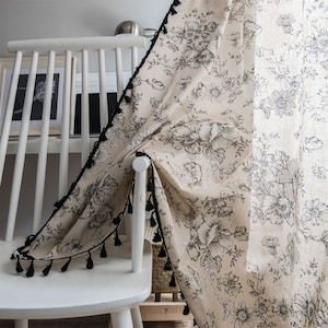 Vintage Black Grey Rose Flowers Len Cotton Semi Blind Curtain Fabric Czarne frędzle Wykończenie, Zasłony zaciemniające, Zasłony zaciemniające Okno
