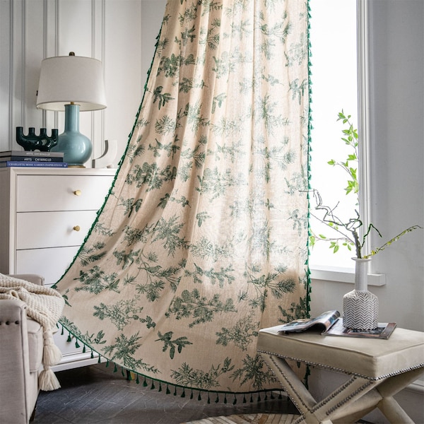 Green Pine Tree Fruit Printing on Beige Linen Cotton Semi Blind Curtain Fabric Green Tassels Trim,Shade Curtains,Blackout Curtains Window