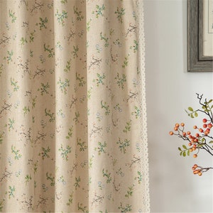 Country Green Flowers Vines Printing Beige Linen Cotton Semi Blind Curtain Fabric Hollow Lace Trim,Shade Curtains,Blackout Curtains
