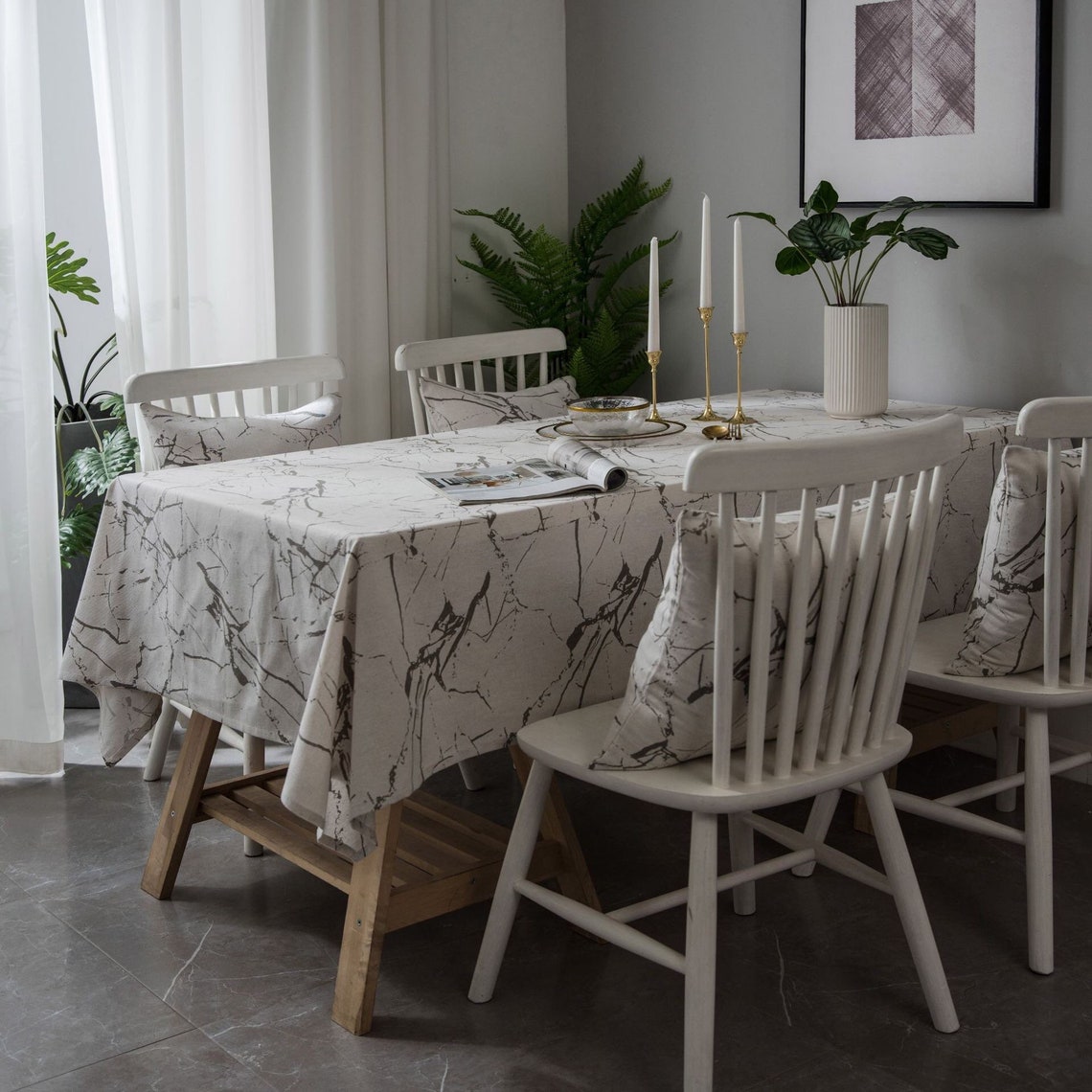 White Marble Pattern Printing Linen TableclothBlack Marble Etsy