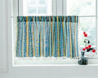 2 Panels Cafe Curtains|Countryside Vintage Colorful Diamond Stripes Red/Blue Tone Linen Cotton Curtain Tassel|Kitchen Curtains,Door Curtain