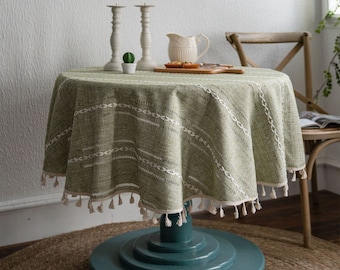 Round Linen Tablecloth: Bohemia Twist Stripes with Tassels