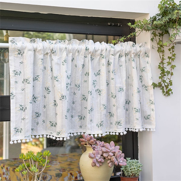 2 Panels Cafe Curtains| White Green Lilac Flowers Stripes Linen Cotton Curtain with White Pompom Trim|Kitchen Curtains ,Daisy Cafe Curtain