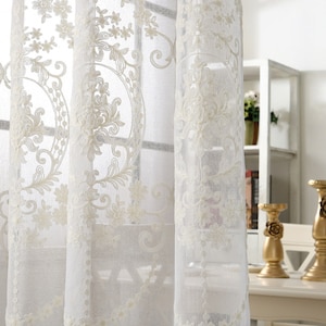 Algodón personalizado blanco marfil estilo europeo bordado en cortinas de par transparente de encaje blanco, cortinas transparentes blancas bordadas, boda con fondo