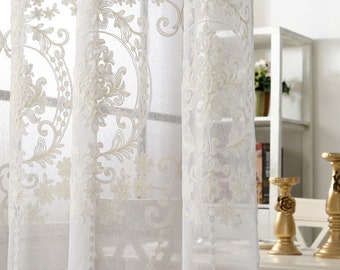 Custom Cotton White Ivory Europe Style Embroidered on White Lace Sheer Pair Curtains,White Sheer Curtains Embroidered,BackDrop Wedding