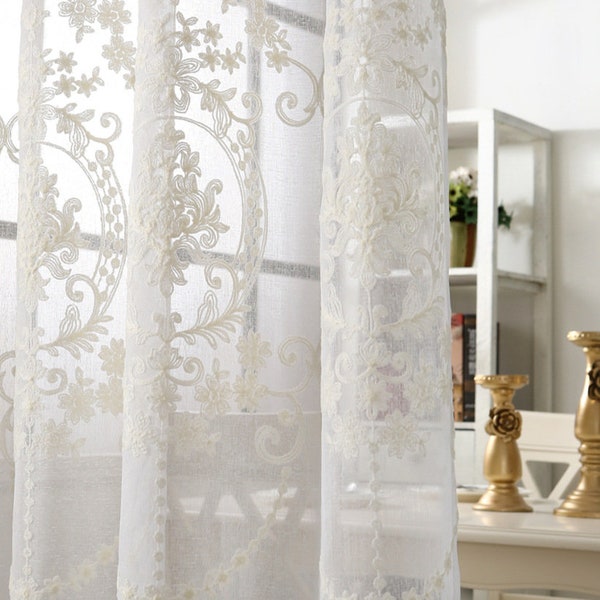 Algodón personalizado blanco marfil estilo europeo bordado en cortinas de par transparente de encaje blanco, cortinas transparentes blancas bordadas, boda con fondo