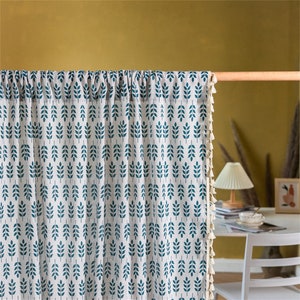 Blue Trees Forest Lines Branches Printing Linen Cotton Semi Blind Curtain Fabric with Ivory Tassels Trim,Shade Cotton Curtains ,Custom