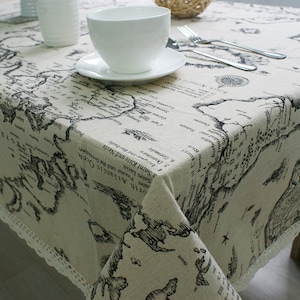 Schwarze Weltkarte Druck Leinen Tischdecke, Weißes Baumwoll Tischtuch, quadratische Tischdecke, Spitzenbesatz, Country Tischdecke, Leinen Tischplatte Dinner